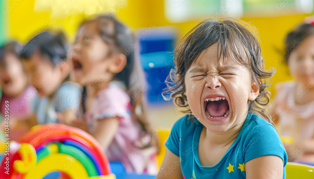 Group of children are playing in a room, one of them is crying. The other children are looking at her, and the room is filled with toys