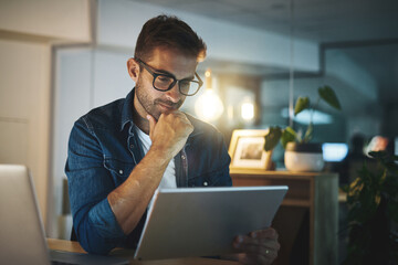 Aufkleber - Office, reading and man with tablet, laptop and business ideas for online project agency at night. Thinking, dark and consultant with digital app for web review, article and research report at desk