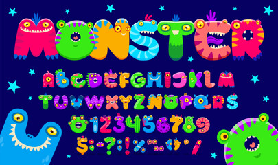 Wall Mural - Cartoon monster font, bugaboo type, bogle typeface, scarecrow alphabet vector typography of funny Halloween aliens, fantasy animals, dragons. Cute monster characters in shape of letters and numbers