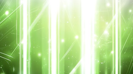 Bright green light beams and abstract patterns illuminate a dark background in an artistic display of energy and motion