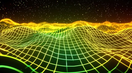 Wall Mural - vibrant digital landscape with glowing grid patterns and starry sky at night, showcasing a futuristi