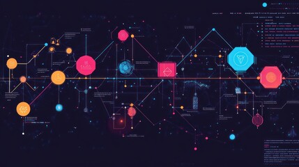 Abstract digital network with nodes and lines connecting, glowing in vibrant colors.