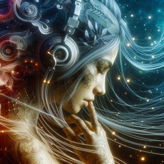Wall Mural - Woman Air Bender with Tattoo Listening to Music as Notes Float Like Snowflakes