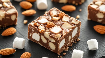 Poster - Rocky road fudge with marshmallows and nuts, on a black slate background, surrounded by mini marshmallows and crushed almonds