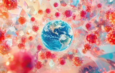 A 3D rendering of the Earth surrounded by red virus cells.