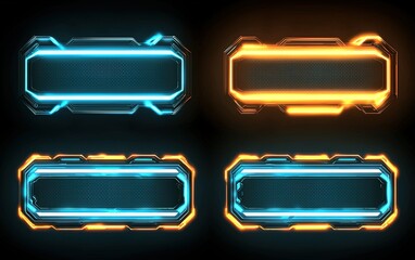 Futuristic neon interface panels in blue and orange colors with glowing details on a dark background
