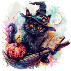 Black Cat with Witch Hat