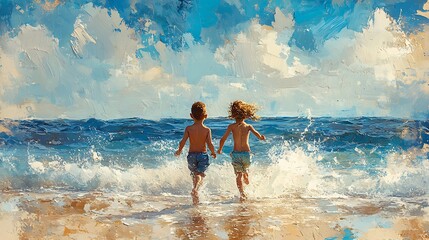 Two children run towards the ocean on a sunny day.