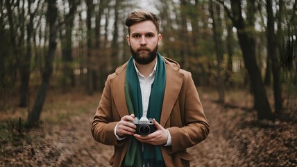 person in a wooded setting, wearing a stylish brown coat and a green scarf over a white shirt. They are holding what appears to be a vintage or retro-style camera