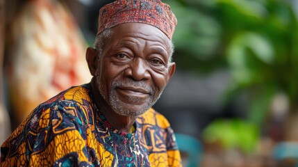 Elderly Nigerian man with traditional attire and a warm expression.