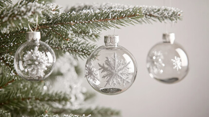 Elegant glass snowflake ornaments hanging on a snow-dusted christmas tree branch