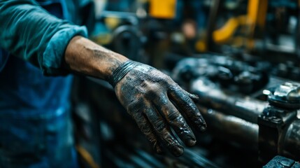 The calloused hands of a factory worker amidst noisy machinery, Reflecting labor exploitation in industrial settings, close-up photography style