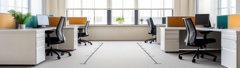 Modern office space featuring organized workstations with ergonomic chairs, bright lighting, and a clean aesthetic.