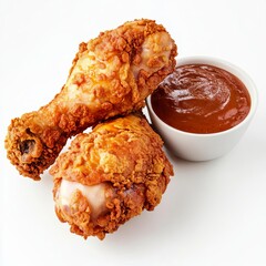 Wall Mural - Fried chicken drumstick and dipping sauce, food element, 3D render, crispy and saucy, isolated on white background