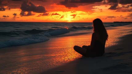 Silhouette of a Woman on a Beach at Sunset