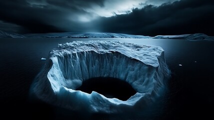 Wall Mural - A large iceberg with a deep crevasse in the middle floats in the icy waters of the Arctic.