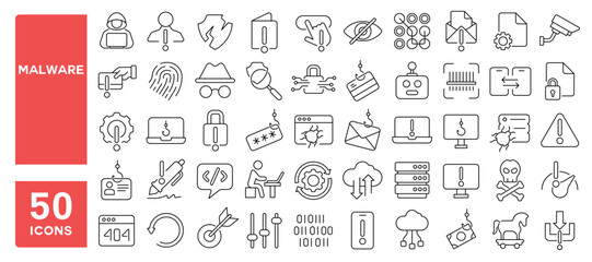 Set of 50 line icons related to malware, cyber, attack, software, virus, scam, hacker, fraud, Editable stroke. Vector illustration