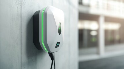 Leinwandbilder - This electric vehicle charger is mounted on a smooth wall in an urban area, indicating readiness for eco-friendly transportation. Generative AI