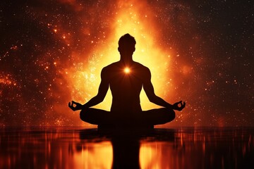 Wall Mural - Man in yoga position in front of the light of the universe