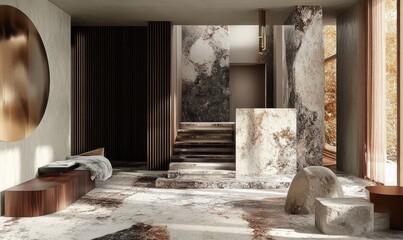 interior design material sample moodboard with luxury surfaces like marble and wood