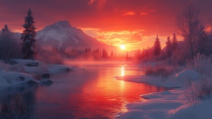 A frozen lake in the mountains, ice cracks on the ground, and snow-covered mountain peaks under a colorful sunset sky. 