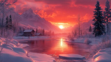 A frozen lake in the mountains, ice cracks on the ground, and snow-covered mountain peaks under a colorful sunset sky. 