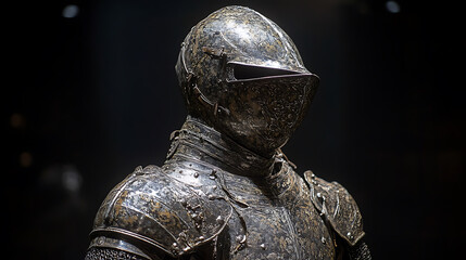 A stunning display of European medieval knight armor, showcasing intricate details and craftsmanship. This museum piece captures essence of historical warfare and artistry