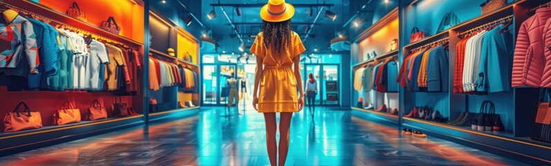 Woman standing in a store with a hat on, banner, copy space