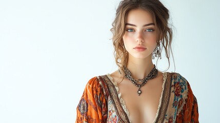 A young woman poses elegantly in a bohemian style outfit, showcasing intricate jewelry and a natural, graceful beauty.