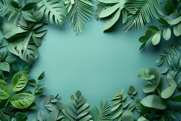 Wall Mural - A frame made out of green leaves on a blue background