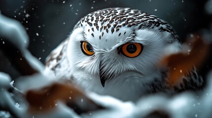 Wall Mural - A snowy owl with bright yellow eyes stares intensely into the camera, snow falling around it.