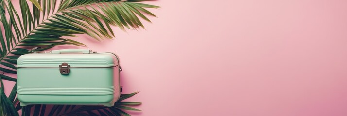 Poster - A mint green travel suitcase sits elegantly on vibrant palm leaves, set against a soft pink backdrop, ready for adventure. Generative AI