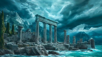 Ancient atlantis ruins fantasy stone structures dramatic stormy sky majestic mountains turquoise waters create mythical lost city atmosphere. Lost Atlantis. Illustration