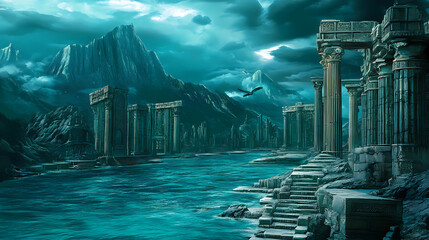 Ancient atlantis ruins fantasy stone structures dramatic stormy sky majestic mountains turquoise waters create mythical lost city atmosphere. Lost Atlantis. Illustration