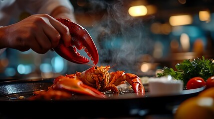 Wall Mural - Chef holding a lobster claw over a steaming dish of lobster.