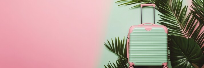 Poster - A travel suitcase is positioned alone, surrounded by lush tropical leaves and set against a pastel-colored background. Generative AI
