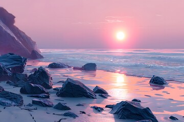 Wall Mural - Serene Sunset Over a Rocky Beach with Gentle Waves