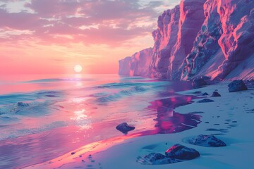 Wall Mural - Serene Sunset at a Dreamy Beach with Colorful Cliffs