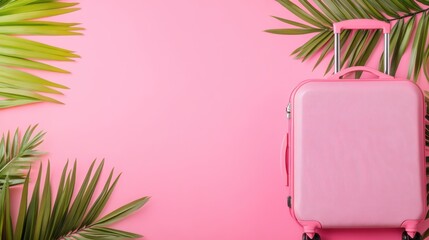 Aufkleber - The suitcase stands ready for adventure, surrounded by tropical palm leaves against a bright pink background, evoking travel excitement. Generative AI