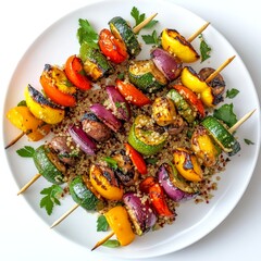 Poster - Colorful grilled vegetable and meat skewers on a white plate. Fresh ingredients with vibrant colors create an appealing dish perfect for outdoor gatherings. A delightful meal for summer parties. AI