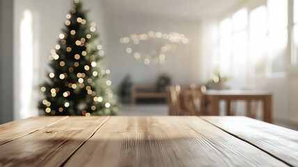 Wood dining table with copy space and christmas tree in the background, scandinavian interior. Scandinavian home interior design of modern living room. Background for Christmas poster, publicity poste