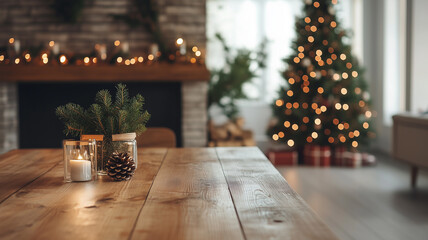 Wood dining table with copy space and christmas tree in the background, scandinavian interior. Scandinavian home interior design of modern living room. Background for Christmas poster, publicity poste