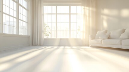 Wall Mural - A blurred living room with morning sunlight streaming through large windows, ideal as a bright, white-toned background concept