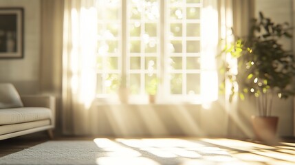 Wall Mural - A blurred living room with morning sunlight streaming through large windows, ideal as a bright, white-toned background concept