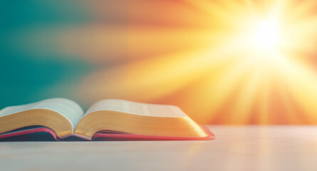 An unfolded Bible with golden pages emanating rays of light on a blurred blue background. Symbolizes the spark of divine wisdom. Copy space.