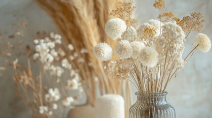 Poster - Fluffy dried flowers in a clear vase create a charming focal point on a tabletop in a warm apartment interior. Generative AI
