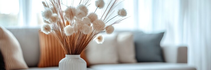 Poster - A beautiful vase filled with fluffy dried flowers adds warmth and charm to the apartment's inviting interior during the day. Generative AI