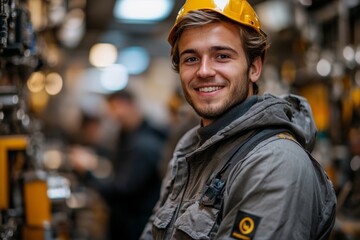 Man wearing a yellow hard hat. automotive electrician working for a vehicle construction company that manufactures vehicles for liquid waste disposal, tunnel cleaning, food waste transportation