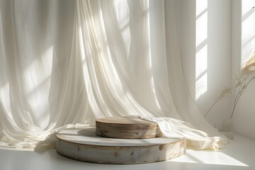 Canvas Print - Serene Minimalist Studio with Soft Drapes and Wooden Platforms