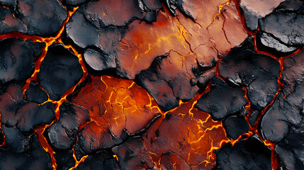 Fiery, cracked planet surface texture resembling molten lava and black, charred segments, perfect for sci-fi or fantasy artwork. Lava Kingdom. Illustration